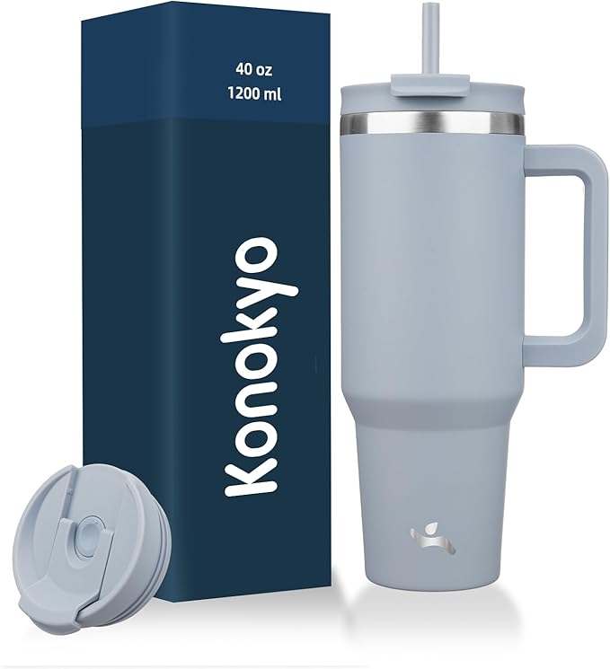 40 oz Tumbler with Handle and 2 Straws,2 in 1 Lid Insulated Water Bottle Stainless Steel Travel Coffee Mug,Lavender