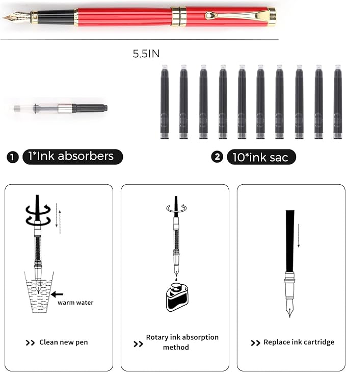 Tiankool Luxury Fountain Pen,Fine Nib, Exquisite Pen Gift Set for Men&Women-Includes 10 Ink Cartridges&Ink Converter- Nice Pens - Red