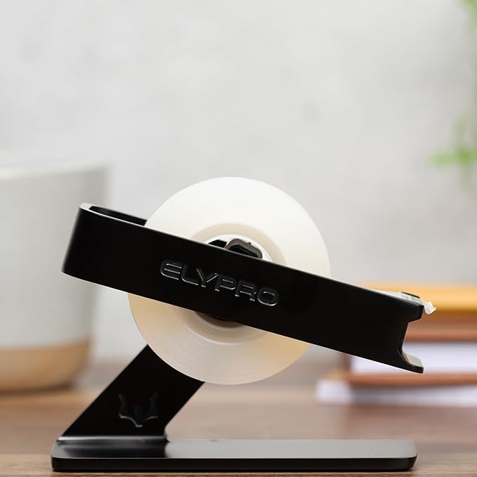ELYPRO Modern Tape Dispenser for Office Desk - Elegant and Minimalist Design, Heavy Metal Made, Space-Saving, Perfect for Office & Home Use or as a Stylish Gift - Bonus Tape Roll Included (Black)