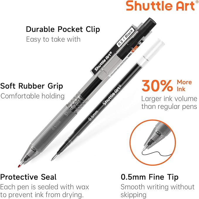 Shuttle Art Black Gel Pens, Ink Glide Series 90 Pack Retractable 0.5mm Fine Point Rollerball Gel Ink Pens Bulk Set Quick Drying Smooth Writing with Grip for Journaling Note Taking Office School Home