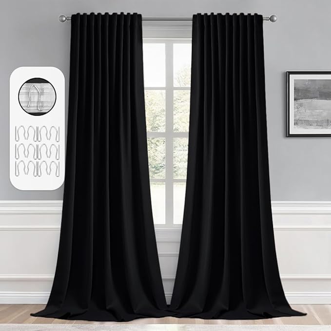 MIULEE Black Back Tab Blackout Curtains 100 Inch Length 2 Panels Set