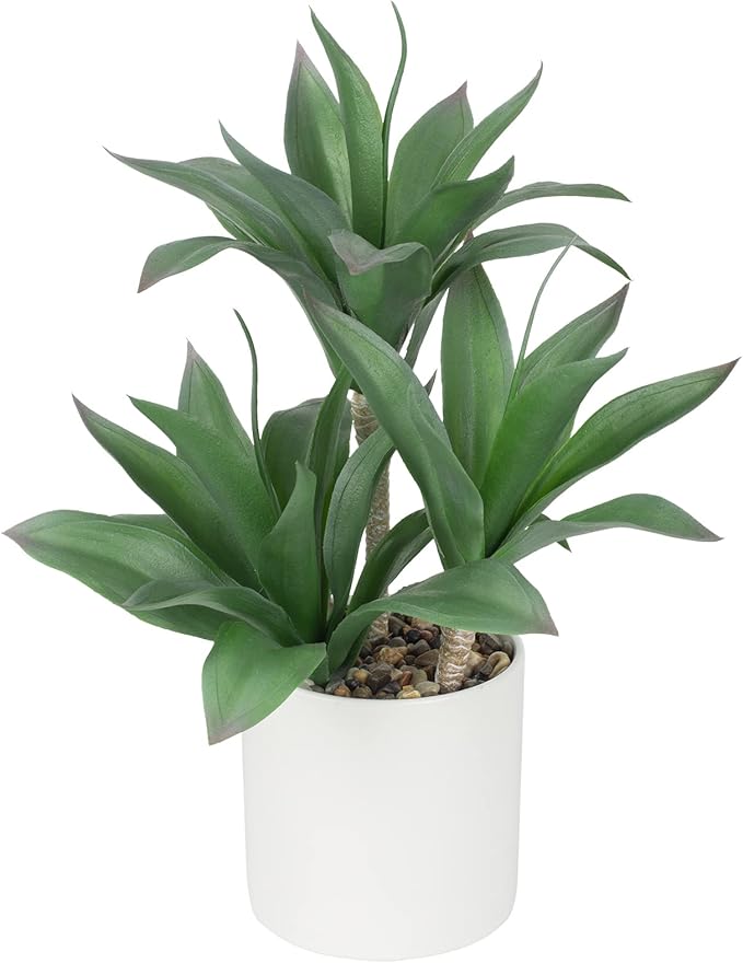 Hollyone Large Artificial Agave Plants Fake Three-Head Agave Succulent Plant Potted 15" Faux Plant in White Pot Succulents Aloe Plant Indoor for Desk Modern Home Decor