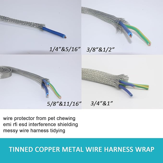Tinned Copper Braided Cable Shielding Sleeve Metal Wire Loom Sheathing EMI RFI ESD Protector Grounding Mesh Flat Tubular Expandable 1/2" W(0.32" ID)-35FT