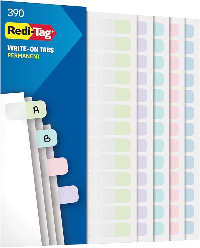 Redi-Tag Write-On Tabs, Permanent Adhesive Index Tabs, Assorted Pastel Colors: Pink, Purple, Blue, Teal, Green, 1" x 7/16", 390 Pack (1009307)