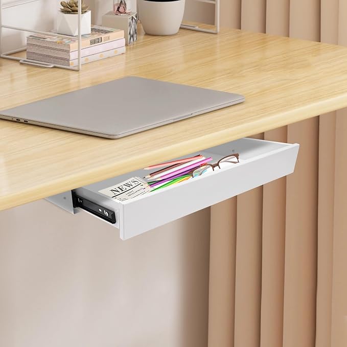 LEYSRIS 21.6" Under Desk Storage Drawer, White Sliding Pull-Out Drawer for Sit Stand Workstation