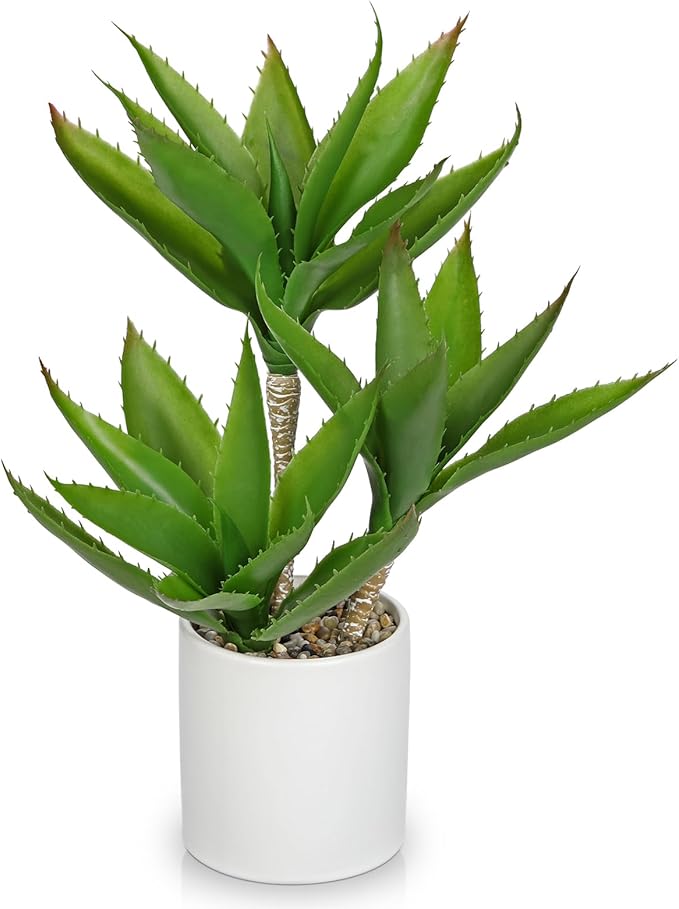 Hollyone Large Artificial Agave Plants Fake Three-Head Agave Succulents Plant Potted 17" Faux Plant in White Pot Succulent Aloe Vera Plants Indoor for Desk Modern Home Decor