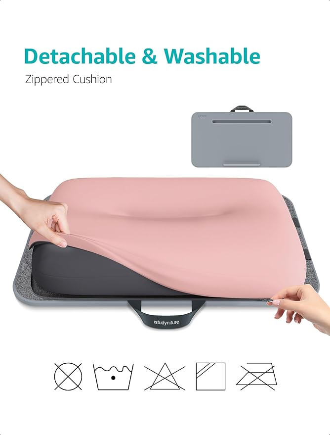 Istudyniture Lap Desk | Portable Laptop Desk & Stand – Fits Up to 17 inch – Washable Cushion, Built-in Phone Holder – for Bed, Couch, Sofa, Floor – Writing, Reading, Home Office – Large, Pink