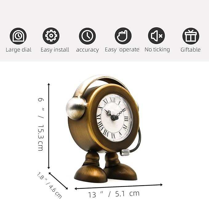 YOUKI Vintage Robot Table Clock on Stand, Decorative Desk and Shelf Clock, Rustic Mantel Farmhouse Silent Non-Ticking,Battery Operated Table Top for Living Room,Musical Gift,Metal