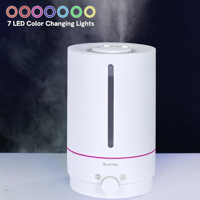 BlueHills Premium 5000 ML XL Cool and Warm Mist Ultrasonic Diffuser Humidifier Large Room Huge Coverage Area 5 Liter Big Capacity High Output 50 Hours Long Run Time Essential Oil Diffuser White W501