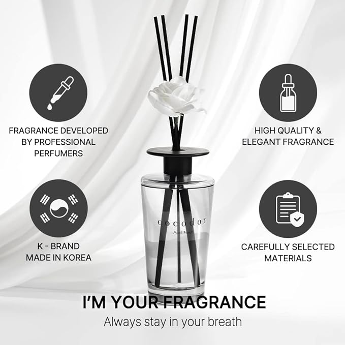 COCODOR White Flower Reed Diffuser / April Breeze / 1 Pack / Home & Office Decor Aromatherapy Diffuser Oil Gift Set / Large Size, Large Capacity, Big Size Diffuser, Black Edition/16.9Ounce(500 ml)