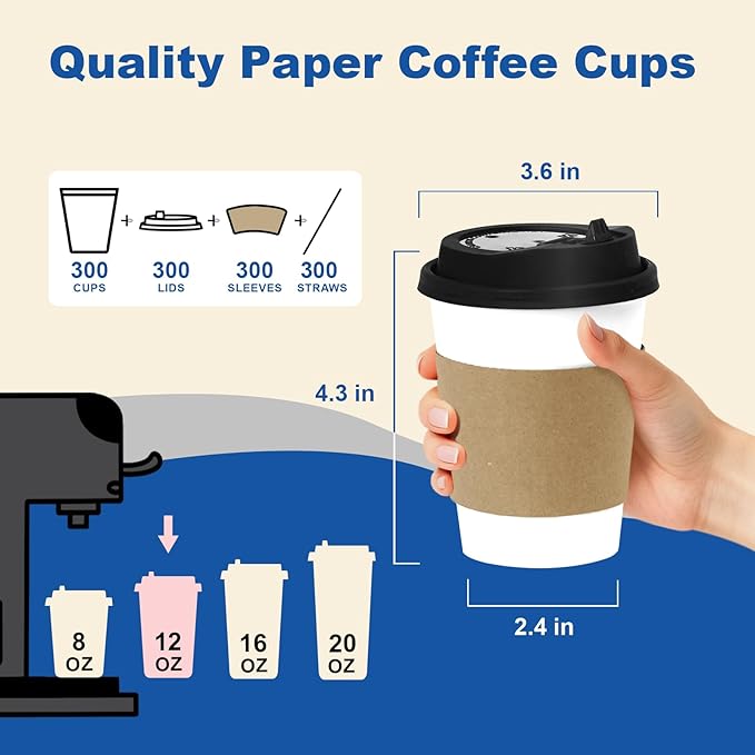 Coolcap 12 oz 300 Pack Coffee Cups with Lids and Sleeves, Straws, Hot Disposable To Go Travel Paper Cups Bulk for Office, Home Coffee Bar Accessories, Chocolate, Cocoa, Beverage (White)