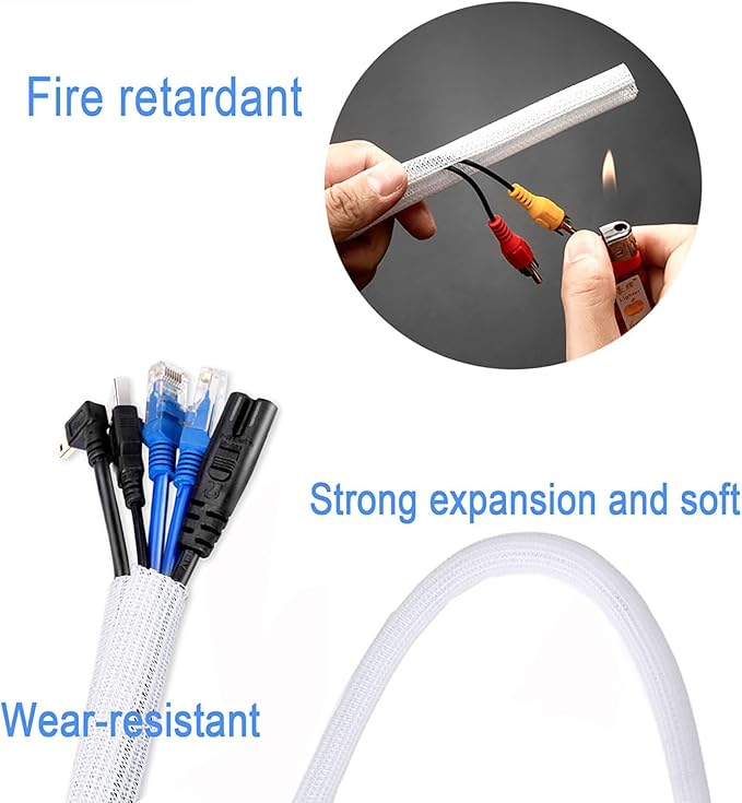 3/8"-50ft Braided Cable Sleeve Protector - Self-Wrapping Split Wire Loom for TV, Computer, Home Theater, Engine Bay - Heavy-Duty Cord Organizer, White