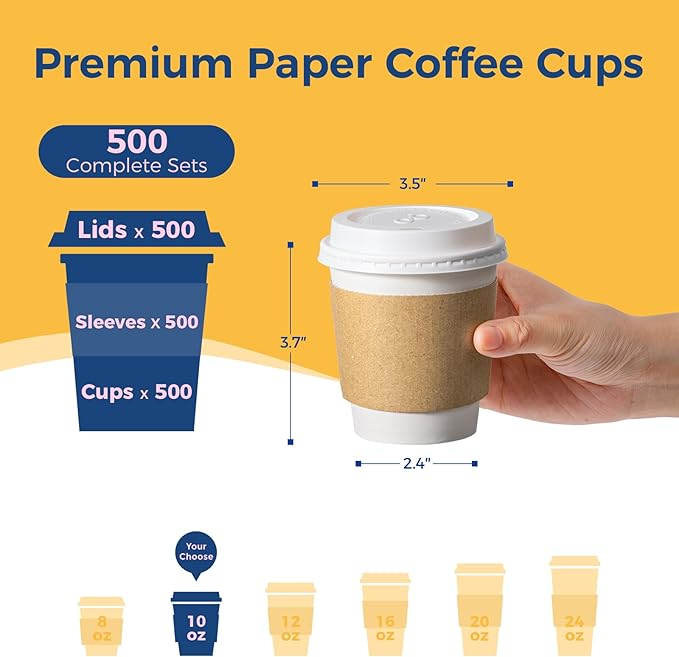 Fit Meal Prep 500 Pack 10 oz Disposable Coffee Cups with Lids, Sleeves, Leak-Proof To Go Coffee Cups with Lids, Durable Hot Paper Cups for Home, Office, Party, Business