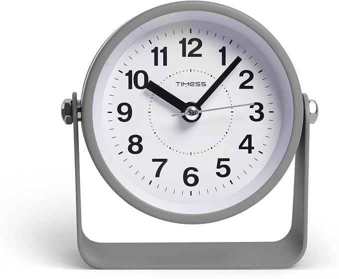 Analog Alarm Clock, Silent Non-Ticking Quartz Movement, Battery-Operated with Snooze & On-Demand Light, Easy to Set Gentle Wake Bedside Desk Clock, Ideal for Home, Travel, Office (Gray)