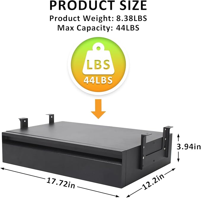 Under Desk Drawer For Desk 18 in,Adjustable Height, Pull out Storage Organizer with Slide Extension Mounted Under Flat Wooden Table or Workbench, Carbon Steel Hidden Desk Drawer