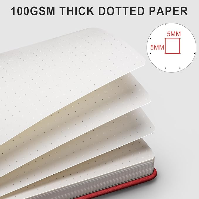 AHGXG Bullet Dotted Journal - 320 Numbered Pages Dot Grid Notebook A5 Thick Journal, 100gsm Thick Dotted Paper, Leather Hardcover,Inner Pocket, 5.75'' × 8.38'' - Red
