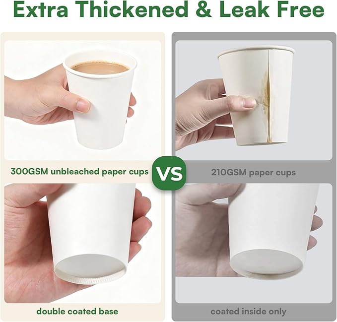 White Paper Cups 12 oz Disposable Coffee Cups, 300 Pack BPA Free Leak Proof Hot Cups, 300GSM Thickened Disposable Cups,Unbleached Hot Cold Drink Cups for Everyday Home Office Coffee Bar Party Supplies