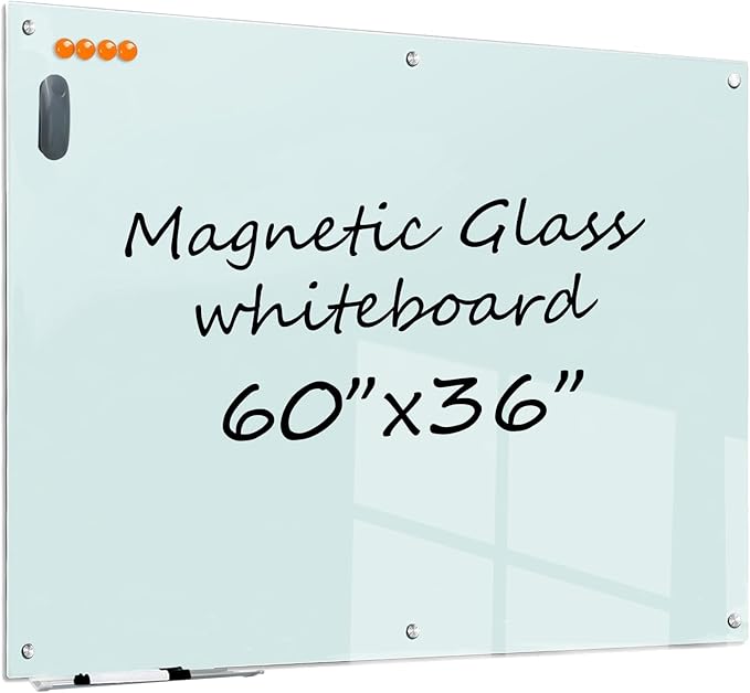 Magnetic Glass Whiteboard - 60"x36" Dry Erase White Board Frameless Glass Boards with Super Strong Magnets, Wall Mounted for Office, School and Home