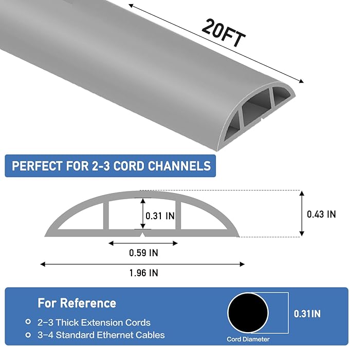 Floor Cord Cover Self Adhesive Cord Hider Floor Extension Cord Covers for Floor Power Cord Protector Cable Management Prevent Cable Trips Cable Cavity 0.59" W x 0.31" H (Grey, 20Ft)