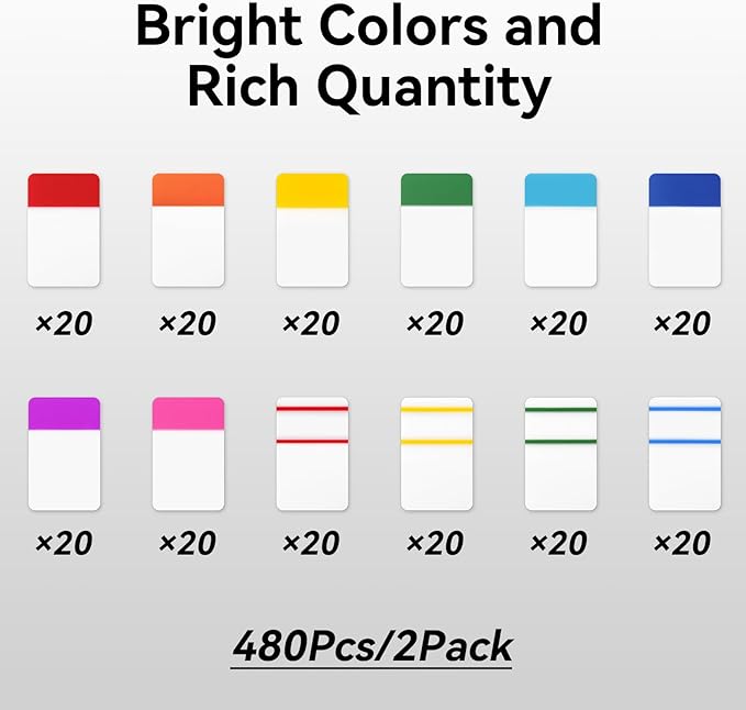 1 Inch Tabs for Notebooks, 480 Pieces Sticky Note Tabs File Index Tabs for Books, Binders, Papers, Documents, File Folders (24 Sets 12 Colors)