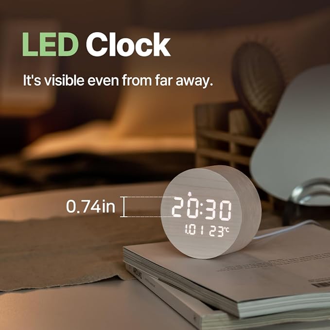 FLT Moonfall Wood Interior LED Desk Clock-White (Designed in Korea)- Time, Date, Temperature Display, Customizable Alarms, Auto Brightness, Compact 3.46-Inch Size, USB Cable & Adapter Included