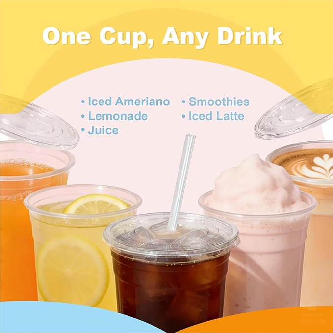 Coolcap 20 oz 100 Pack Disposable Clear Plastic Cups with Lids and Straws, Food Safe Bulk Iced Coffee Cups for Smoothies, Milkshakes and Other Cold Drinks
