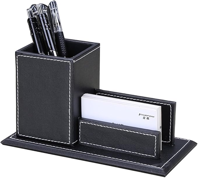 KINGFOM PU Leather Desk Organizer and Accessories, Pencil Holder for Desk with Business Cards Stand, School Office Supplies Collection Caddy Black
