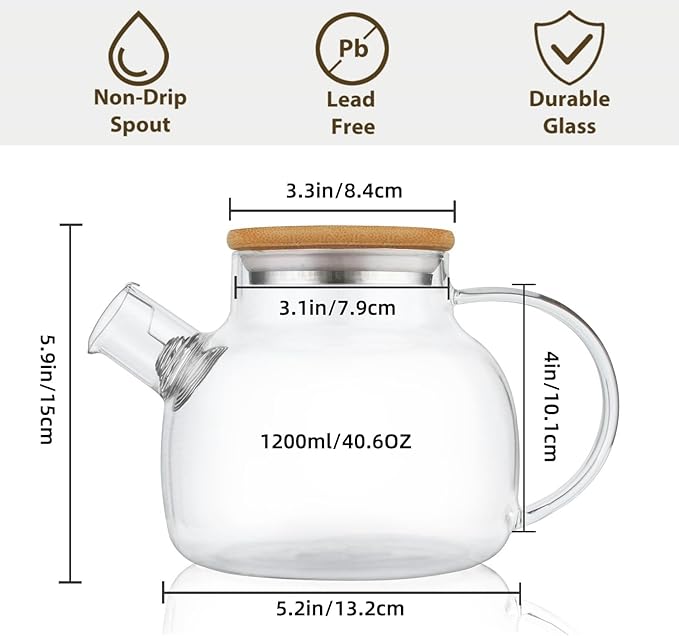 CnGlass Glass Teapot Stovetop Safe,40.6oz Clear Tea pot with Removable Filter Spout,Loose Leaf and Blooming Tea Maker