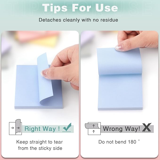 Sticky Notes 3x3 Inch, 8 Pads Light Colors Self-Adhesive, 8 Assorted Pastel Colors, 80 Sheets/Pad, Reusable Notepads for Office, School, and Home