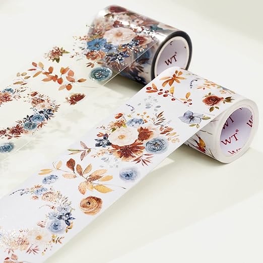 WT Dusty Blue & Cinnamon Wide PET Tape, Single Roll, Original Designs, Floral Decorative Tape, Transparent Craft Tape for Bujo Planner & DIY Supplies, Watercolor Flowers