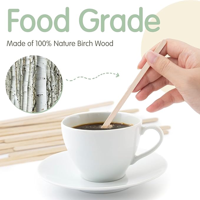 WISYOK 600 PCS Coffee Stirrers, 5.5 Inch Premium Birch Wood Sticks, Smooth Round Ends, Splinter-Free Disposable Stir Sticks for Coffee, Cocktails, Office, Home, Coffee Bars