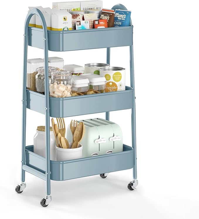 3 Tier Utility Rolling Cart, EAGMAK Metal Storage Cart with Handle and Lockable Wheels, Multifunctional Storage Organizer Trolley with Mesh Baskets for Kitchen, Living Room, Office, Garage (Blue)