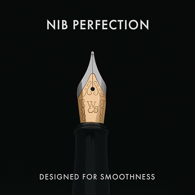 Wordsworth & Black Fountain Pen Set, 18K Gilded Medium Nib, Includes 24 Pack Ink Cartridges, Ink Refill Converter & Gift Pouch, Gold Finish, Calligraphy, [Silver Gold], Perfect for Men & Women