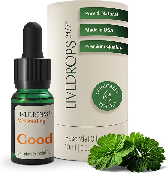 LIVEDROPS 24/7 Good Geranium Essential Oil, Natural Vegan Aromatherapy for Diffuser or Diluted Skin Use, Rosy Floral Scent, Origin Egypt, Made in USA, Clinically Tested, 10ml
