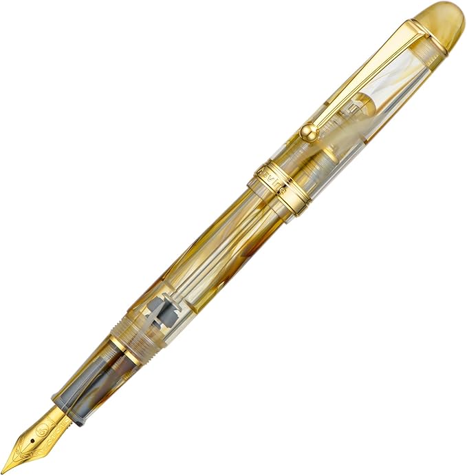 Asvine V126 Vacuum Filling Fountain Pen Brown Swirl Transparent Acrylic, Medium Nib Large-Capacity with Gift Case