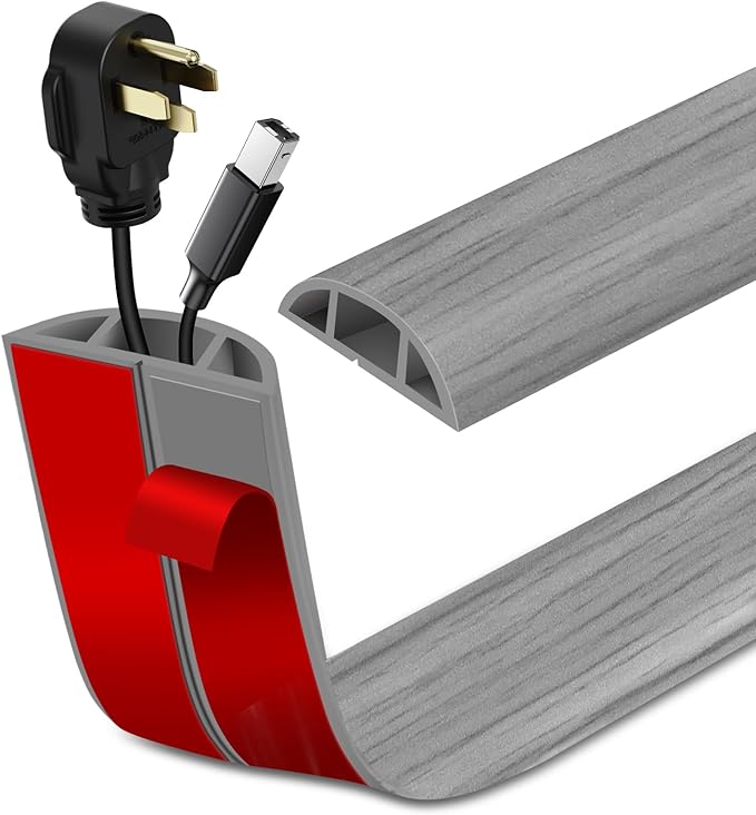 Floor Cord Cover Self Adhesive Cord Hider Floor Extension Cord Covers for Floor Power Cord Protector Cable Management Prevent Cable Trips Cable Cavity 0.47" W x 0.27" H (Light Grey Wood, 3.3Ft)