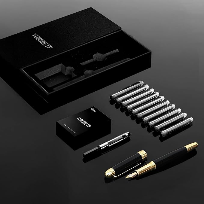 YUMSWETP Luxury Fountain Pen Gift Set For Writing Smooth, Fine Nib, Includes Refillable Ink Converter &10 Black 3.4mm Ink Cartridges Metal Pen,Journaling Fancy Pen