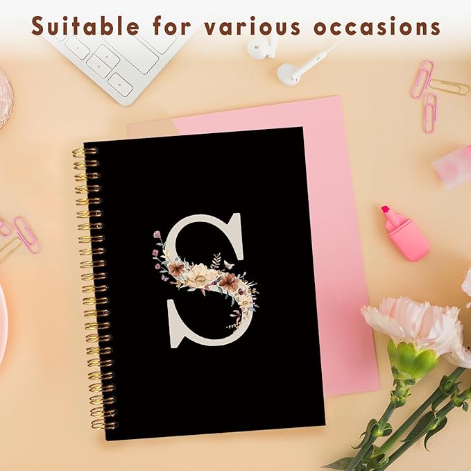 Lacama Black Initial Letter S School Notebook Journal, Cute Wildflower Personalized Spiral Notebook, School Supplies, Customized Monogrammed Gifts, Birthday Gifts for Women, Office Supplies