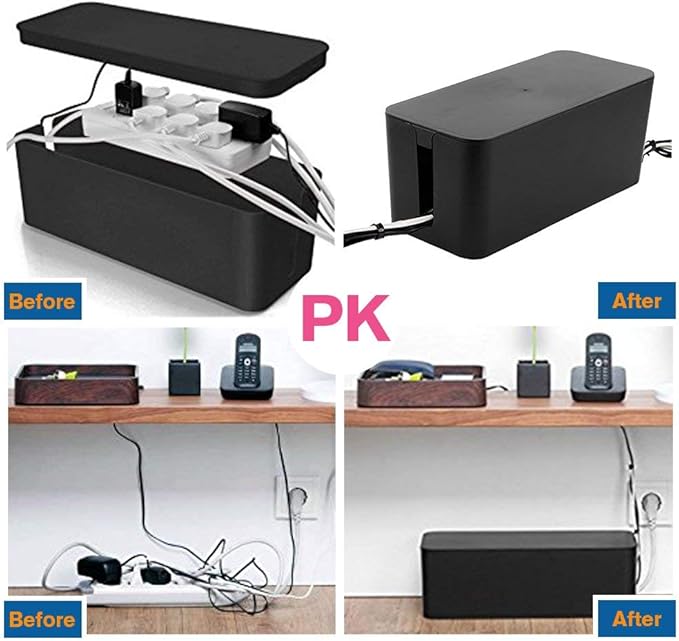 [Set of Three] Cable Management Boxes Organizer, Large Storage Wires Keeper Holder for Desk, TV, Computer, USB Hub, System to Cover and Hide & Power Strips & Cords (Black)