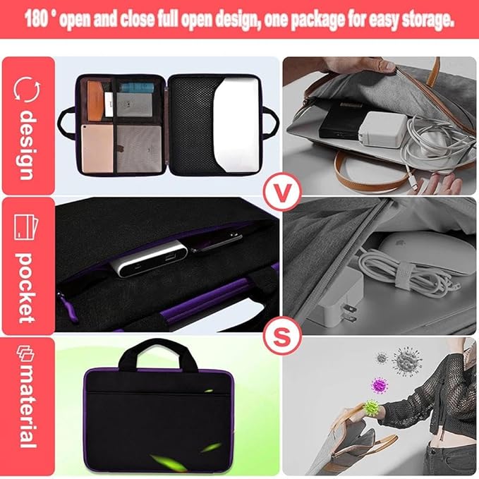 Hseok Laptop Case 13.3-14 inch Briefcase Handbag, Water-Resistant and Shockproof Computer Sleeve Compatible with MacBook Pro 14", Mac Air/Pro 13.3" and 13"-14" Notebooks Chromebooks,Black-Purple