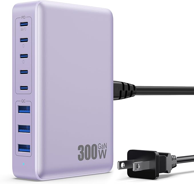 USB C Charger 300W USB C Charger Block, 8-Ports GaN IV Fast Charging Station Hub,PD 100W Laptop Charger Adapter,for MacBook Pro/Air/iPad/iPhone16/15/14/Apple Watch/DELL/Samsung for Home Office