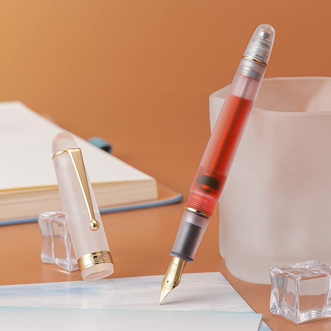 Asvine V126 Vacuum Filling Fountain Pen Medium Nib, Frosted Transparent Clear Acrylic, Large-Capacity with Gift Case