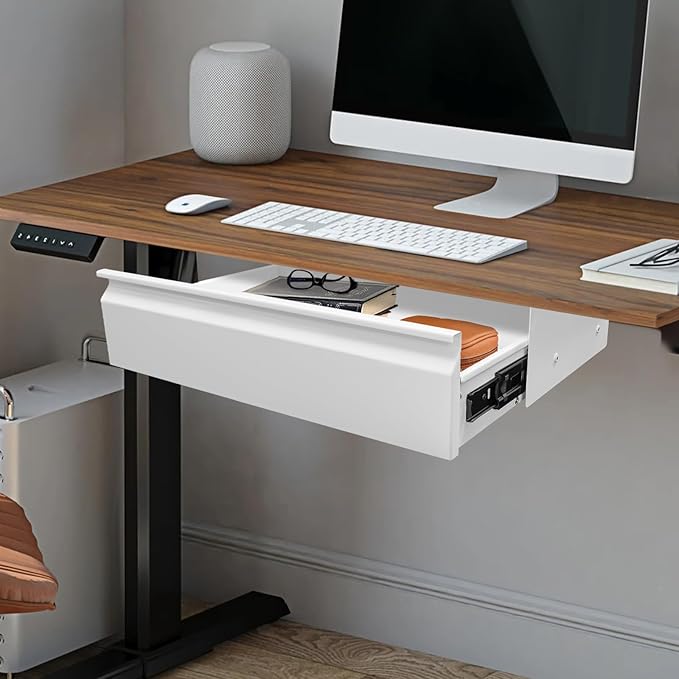 LEYSRIS 23.9" Under Desk Storage Drawer, White Sliding Pull-Out Drawer for Sit Stand Workstation