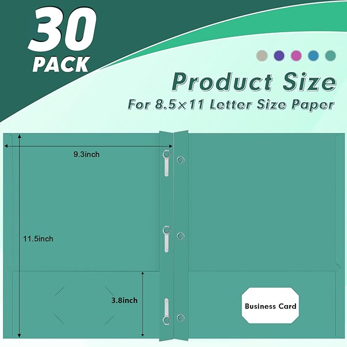 Two Pocket Folders, PANDRI 30 Pack Two Pocket Folders with Prongs, Designed for Office and Classroom, Assorted 5 Dark Colors 2 Pocket 3 Prong Folders