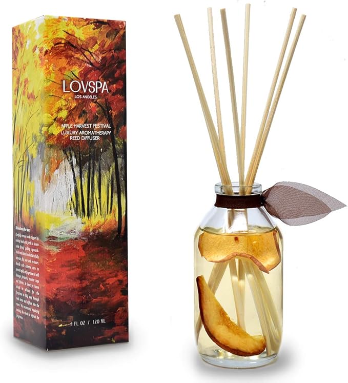 LOVSPA Reed Diffuser Set, Apple Harvest Scented Oil Diffuser with Sticks, Home Fragrance Accessories for Bathroom Shelf Decor, Aroma Diffusers for Home or Office Fall Decor, USA Made