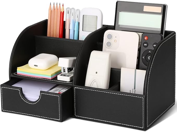 KINGFOM Pu Leather Desk Organizer Pen Pencil Holder Office Supplies Caddy Storage Box 6 Compartments with Drawer Black (Full Pu Leather)