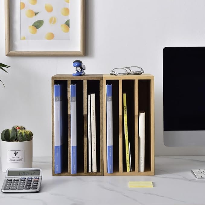 KIRIGEN Wooden Desktop Organizer Paper Storage Letter Tray File Sorter - Desk Rack Magazine File Dividers Holders for Home Office Accessories Wood Desk Cabinet with 3 Layer Trays Natural(3KWJG-NA)