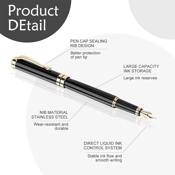 Tiankool Luxury Fountain Pen,Fine Nib, Exquisite Pen Gift Set for Men&Women-Includes 10 Ink Cartridges&Ink Converter- Nice Pens - Black