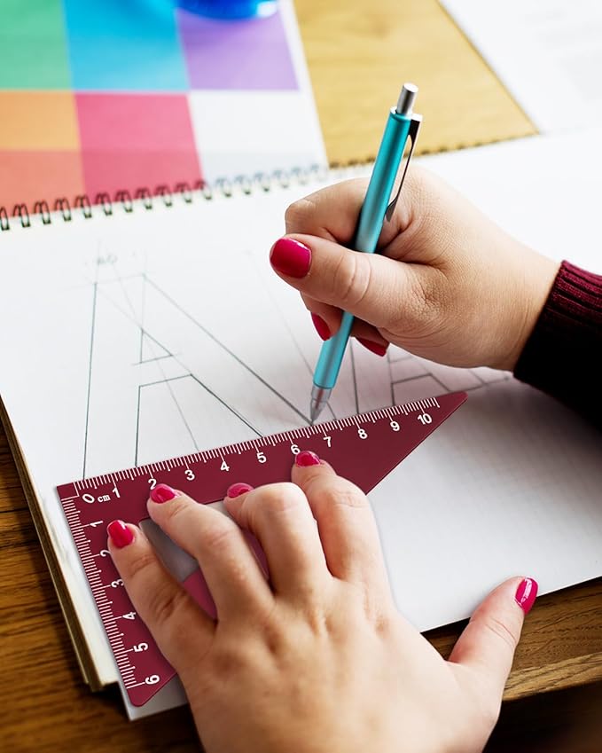 Honagu Triangular Ruler Set, 4 Pieces Aluminum Alloy Ruler, Metal Drafting Ruler, Geometric Protractor for Students, Draftsmen, Engineers, School Office Supplies (Rose Red)
