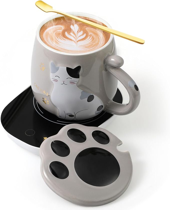 Honeydak Coffee Mug Warmer Cute Cat Mug Set Cup Warmer for Women Heated Coffee Warmers for Mom Home Office Desk Valentine's Day Anniversary Birthday Gifts(Cat,Gray)